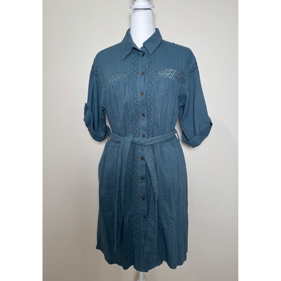 Anthropologie Dresses & Skirts - Anthropologie Blue Linen Blend Button Front Dress with Crochet Detail Size S